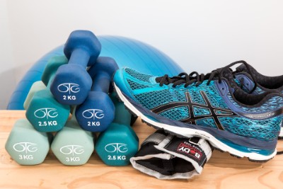 Dumbbells, sneakers, ball